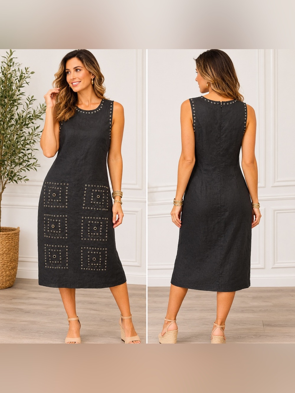 Niki Valenti Black 100% Linen Eyelet Detail Sleeveless Midi Dress Size 12